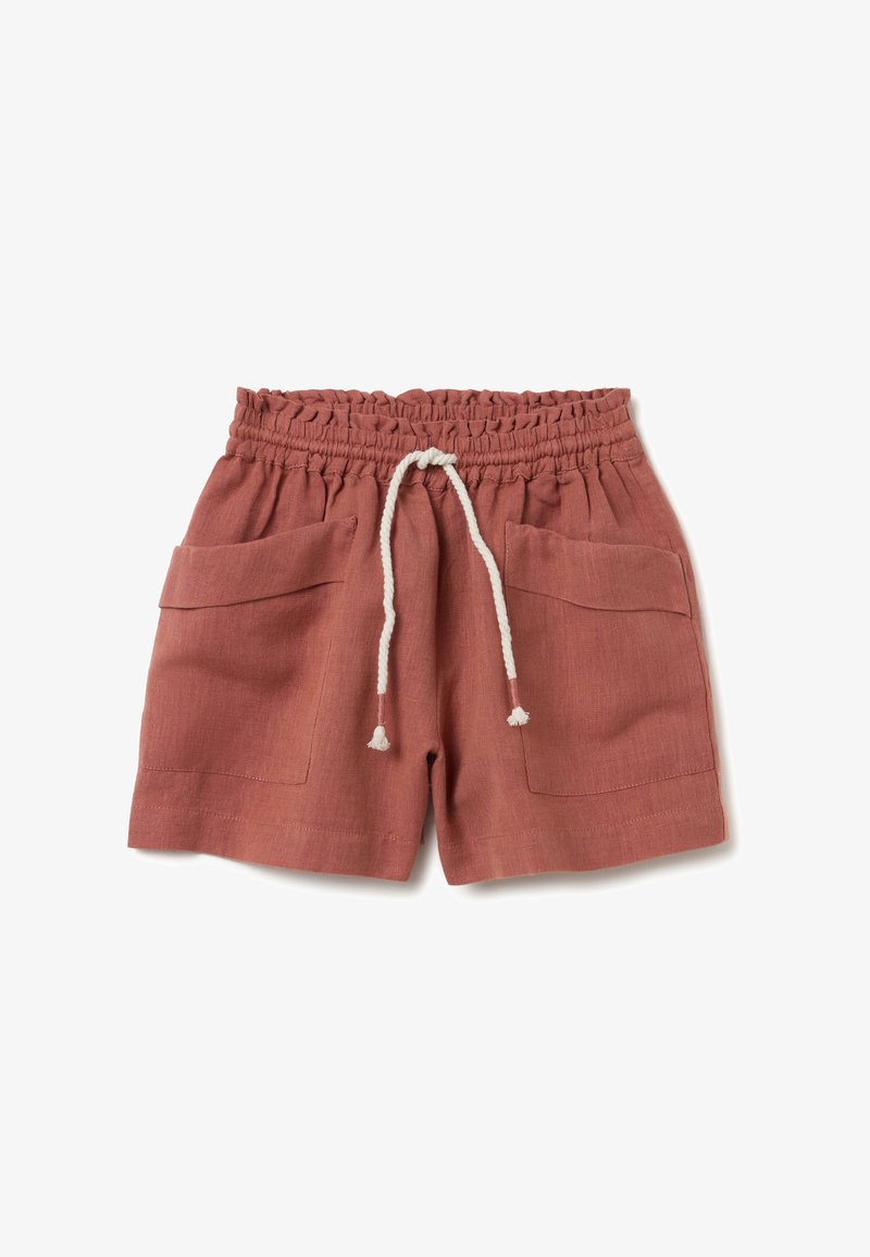 Pantalones cortos de terracota hechos de una tela suave, con una cintura elástica con cordón y dos bolsillos delanteros.