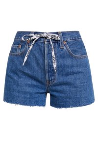 Blue denim shorts with a frayed hem, featuring a waistband tie made of white fabric printed with "LEVI'S" in black. Five-pocket design.