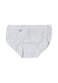 Slips in cotone bianco con elastico in vita, cuciture laterali e un piccolo tag blu. Texture liscia e stile classico dei slip.