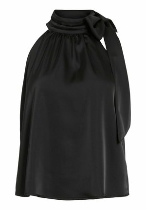 Zwarte mouwloze blouse van zachte satijn, met een geraffineerde halslijn en een strikaccent bij de kraag. Eenvoudig, vloeiend ontwerp.
