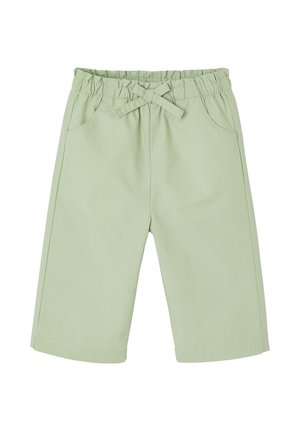 Light green children's shorts with elastic waistband and front drawstring, featuring two front pockets and straight legs.