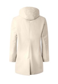 Abrigo ligero beige con capucha, que presenta un acabado suave y mate, mangas largas y un detalle de ventilación en la parte posterior para mayor estilo y movimiento.