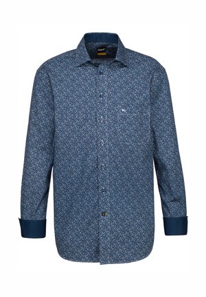 Herren Langarmhemd in Dunkelblau mit Floralprint. Merkmale sind ein button-down Kragen, eine Brusttasche und kontrastierende blaue Manschetten.