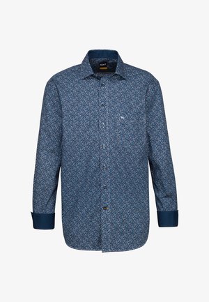 Camicia da uomo a maniche lunghe di colore blu scuro con stampa floreale. Presenta un colletto con bottoni, taschino sul petto e polsini blu a contrasto.