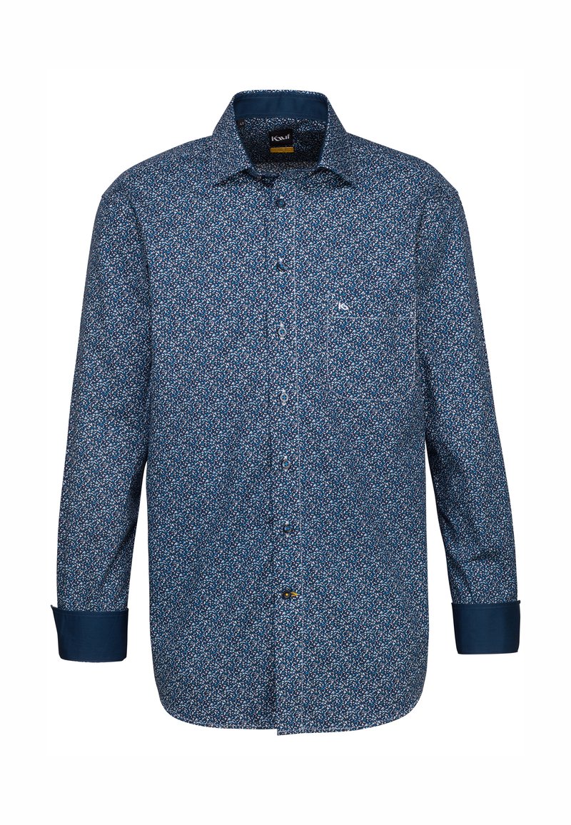 Camicia da uomo a maniche lunghe di colore blu scuro con stampa floreale. Presenta un colletto con bottoni, taschino sul petto e polsini blu a contrasto.