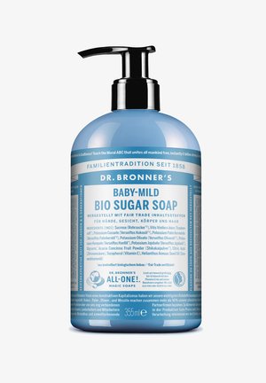 Blaue Flasche von Dr. Bronner's Baby-Mild Bio-Zuckerseife mit schwarzem Pumpenspender und detailliertem Produktetikett auf Deutsch und Englisch.