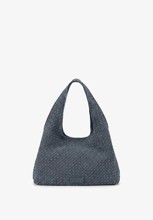 Dunkelgraue, gewebte Ledertasche mit breiter, dreieckiger Form und einer einzelnen Grifföffnung oben in der Mitte.