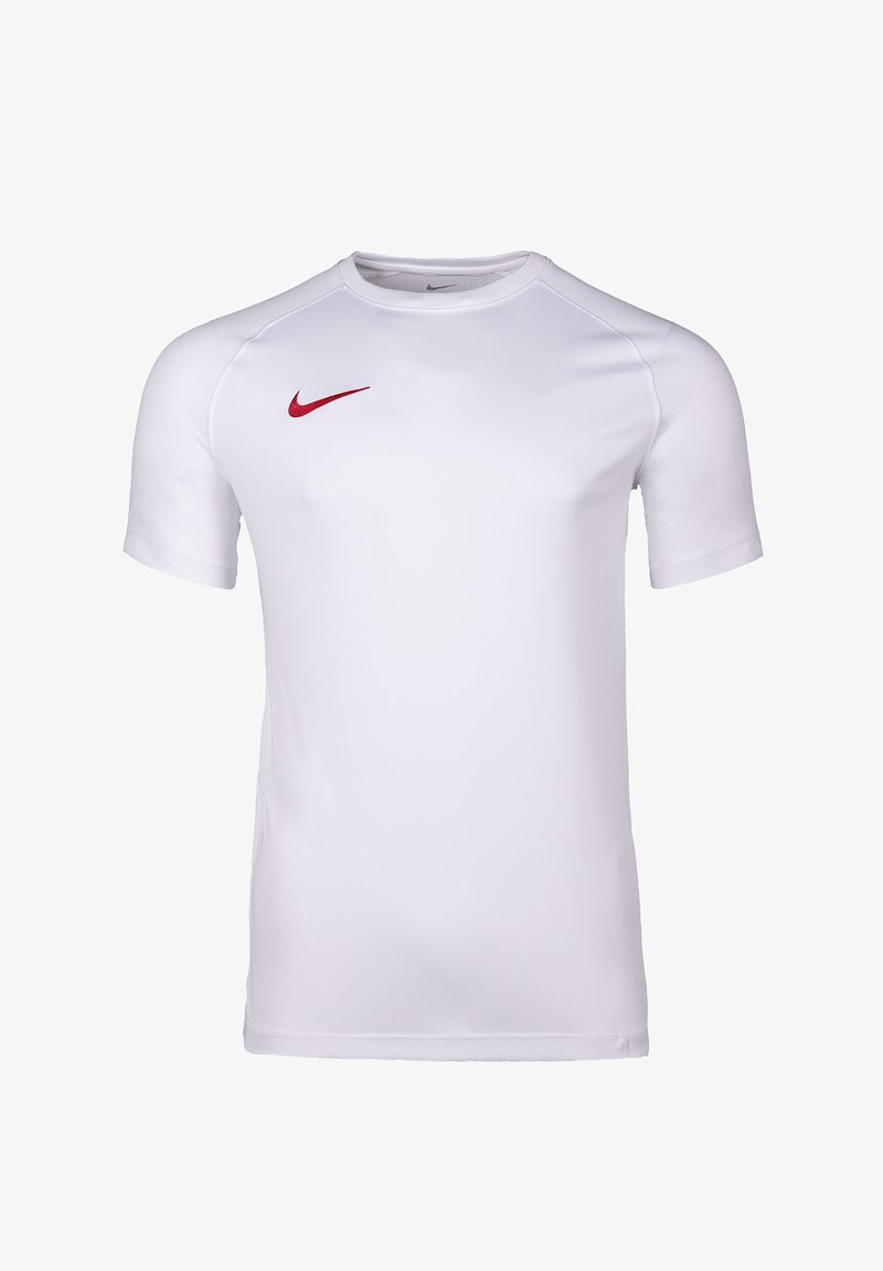 White short-sleeve athletic shirt with a round neck and a small red Nike logo on the upper left chest.
