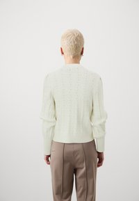 Lys grønn strikket genser med bølgemønster, ribbestrikket krage og mansjetter, og en tettsittende silhuett. Brukt over beige skreddersydde bukser.
