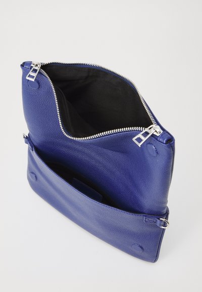 Blue leather bag with a textured surface, silver zipper closure, and black interior lining. Features side snap closures and a flat design.