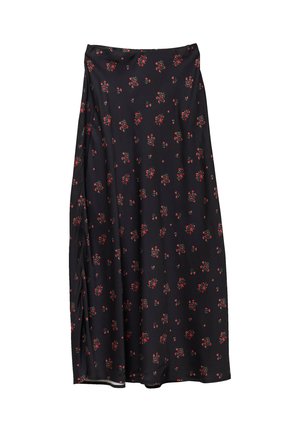 Jupe noire avec un motif floral en rouge et vert. Fabriquée en matériau léger, elle présente un design fluide et un léger éclat.