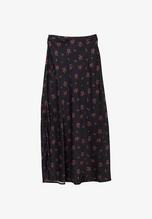 Jupe noire avec un motif floral en rouge et vert. Fabriquée en matériau léger, elle présente un design fluide et un léger éclat.
