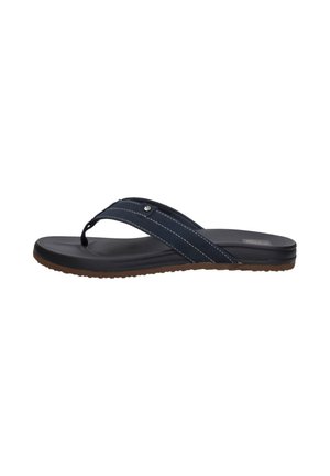 Men's flip-flop sandal features a navy synthetic upper with two straps, white stitching, a flexible black footbed, and brown rubber sole.