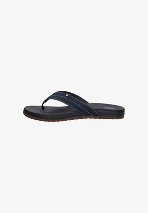 Les sandales en tongs pour hommes sont dotées d'un dessus synthétique bleu marine avec deux sangles, des coutures blanches, une semelle intérieure noire flexible et une semelle en caoutchouc brun.