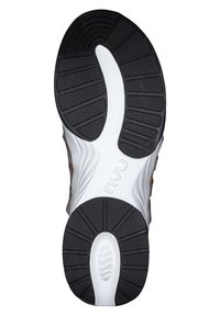 Schuhsohle mit einer weißen Mittelsohle und einer schwarzen Gummisohle. Verfügt über strukturierte Grip-Muster und ein geschwungenes Design für Traktion und Unterstützung.