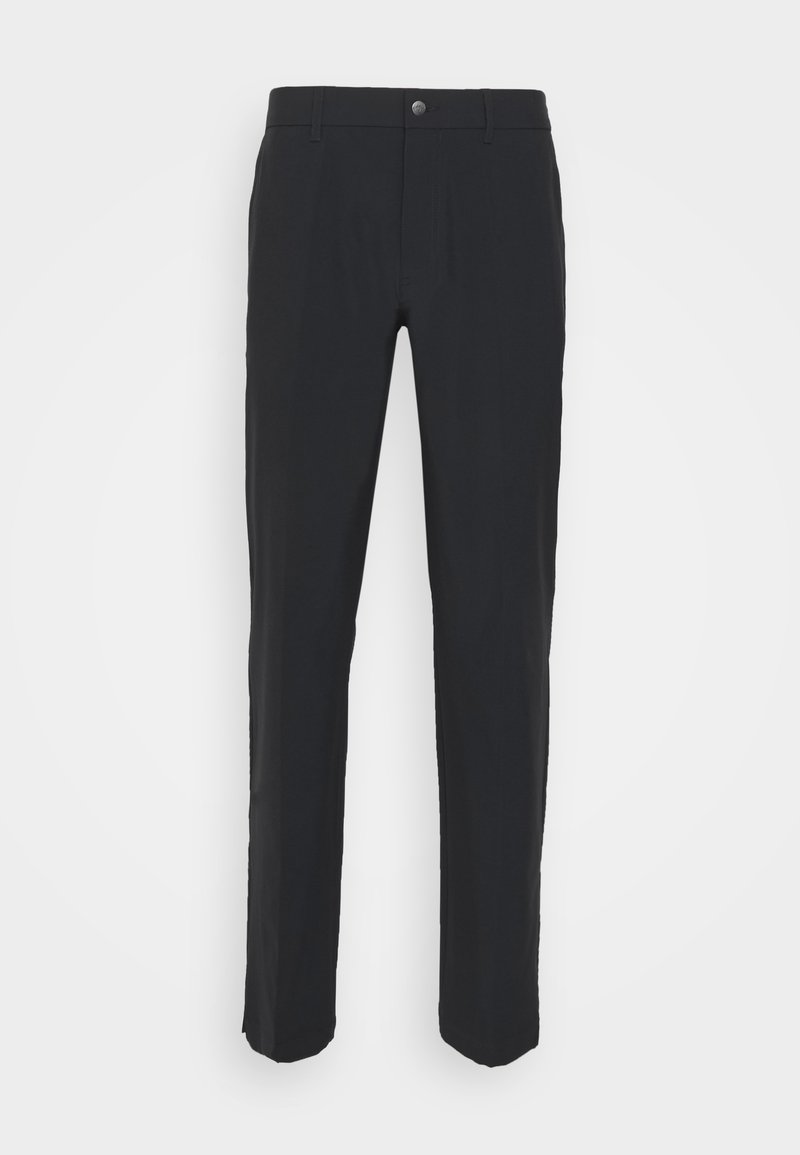 Schwarze Hose aus glattem Stoff, mit geradem Schnitt, Knopfverschluss und zwei vorderen Taschen. Klassisches Design mit minimalen Details.