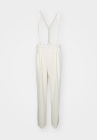 White tailored trousers with adjustable suspenders, pleated front, side pockets, and a smooth texture. Minimalist design, no patterns.