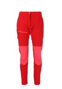 Röda utomhusbyxor med rosa detaljer, utrustade med en sidoficka med dragkedja, slät yta och tapered bendesign. Lätt och slitstarkt material.