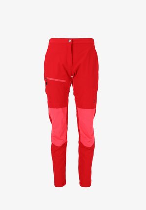 Red outdoor pants with pink accents, featuring a zippered side pocket, smooth texture, and tapered leg design. Lightweight and durable material.