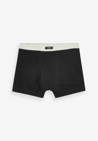 Zwarte boxershorts met een grijze elastische tailleband, voorzien van een label met het merk "NEXT." Gladde stofstructuur en moderne snit.