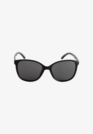 Lunettes de soleil œil de chat noires avec des verres teintés foncés et des montures en plastique brillant, présentées sur un fond blanc.