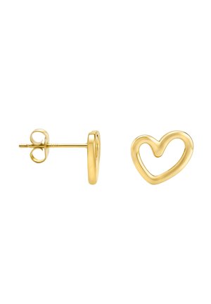 Guld hjerteformede studs med glat overflade og åbent center. Har en post bagtil for sikker lukning. Simpelt og elegant design.