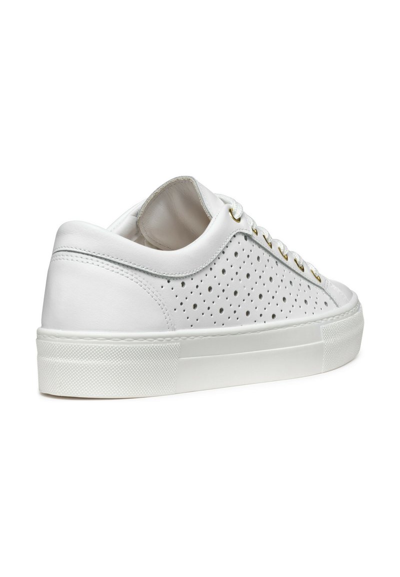 Weiße Ledersneaker mit perforierten Seiten, flacher weißer Gummisohle und goldfarbenen Ösen. Sauberes, minimalistisches Design.