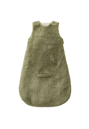 Green, fluffy fabric sleep sack with a rounded shape, sleeveless design, and a small front pocket. Soft texture, suitable for infants.