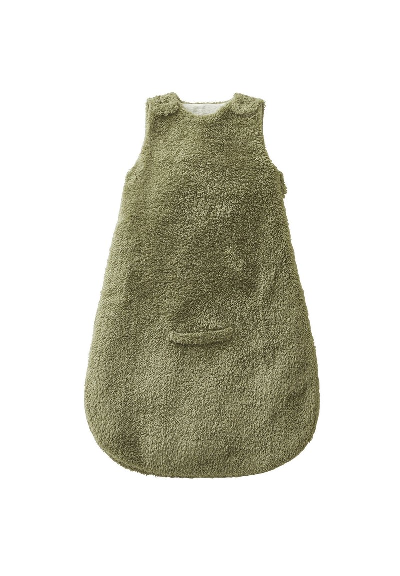 Grüner, flauschiger Schlafsack aus Stoff mit runder Form, ärmellosem Design und einer kleinen Fronttasche. Weiche Textur, geeignet für Säuglinge.