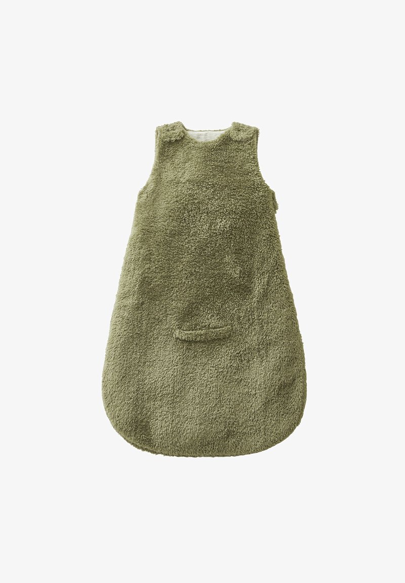Grüner, flauschiger Schlafsack aus Stoff mit runder Form, ärmellosem Design und einer kleinen Fronttasche. Weiche Textur, geeignet für Säuglinge.