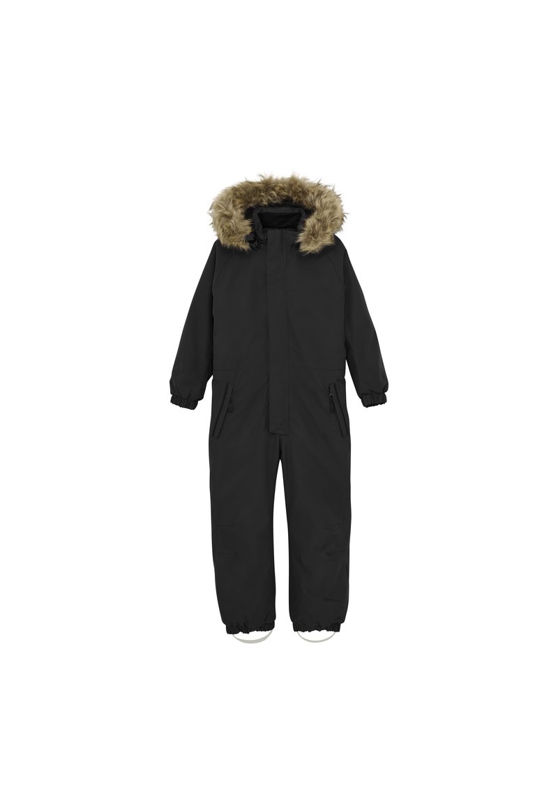 Svart overall i vattenavvisande tyg med en pälskantad huva, dragkedjefickor, elastiska ärmslut och en avslappnad passform för värme och rörlighet.