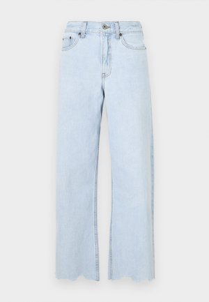 Lys blå vide jeans med rå kant, laget av denim. Funksjoner inkluderer knappelukking, beltehemper og sidelommer.