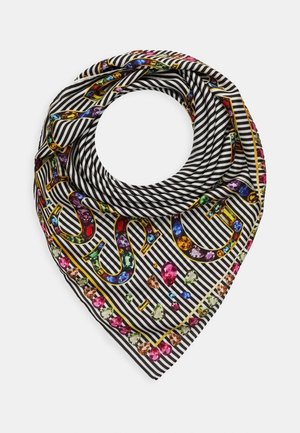 Zwart-wit gestreepte sjaal met kleurrijke edelsteenpatroon letters en randen, gerangschikt in een gevouwen driehoekige vorm.