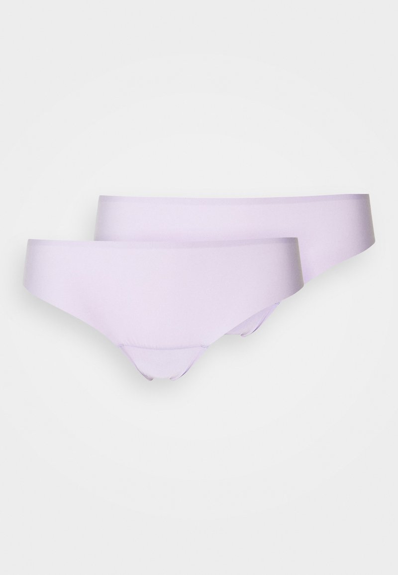 Dois conjuntos de roupa interior em formato de biquíni para mulher, em lavanda, dispostos de forma plana sobre um fundo branco.
