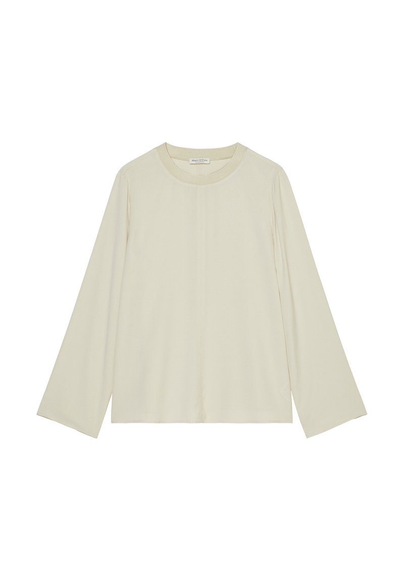 Langärmliges, cremefarbenes Oberteil mit rundem Halsausschnitt und lockerer Passform. Glattes Gewebe mit leichtem Glanz, ohne Muster oder Verzierungen.