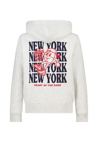 Felpa grigia con tasca a marsupio frontale, con un personaggio dei cartoni animati che tiene un pallone da basket e il testo ripetuto "NEW YORK" in blu navy e rosso.