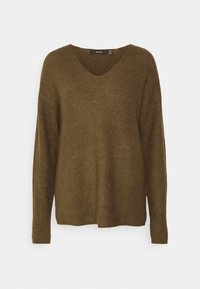 Olivgrön v-ringad tröja med ribbat mönster, långa ärmar och en lös passform, tillverkad av ett mjukt stickat material.