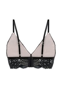 Schwarzer Spitzen-Bralette mit einem beigen Mesh-Futter, dreieckigen Cups, verstellbaren Trägern und einem Haken-und-Ösen-Verschluss auf der Rückseite.