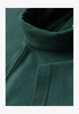 Dark green turtleneck shirt, made of soft cotton material. Features smooth fabric texture and neat stitching details.