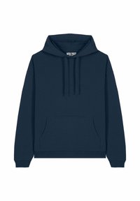 Felpa con cappuccio in blu navy scuro, caratterizzata da una tasca a marsupio, polsini e orlo a coste, realizzata in tessuto morbido con una trama liscia.