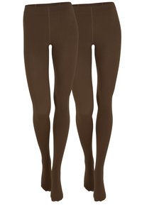 Due coppie di collant marroni con una texture liscia, caratterizzati da una vita alta e un design aderente, adatti per abbinamenti con vari outfit.