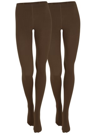 Two pairs of brown tights with a smooth texture, featuring a high waistband and a fitted design, suitable for various outfits.