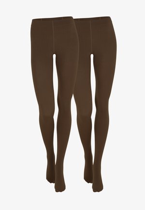 Deux paires de collants bruns avec une texture lisse, dotés d'une taille haute et d'une coupe ajustée, adaptés à diverses tenues.