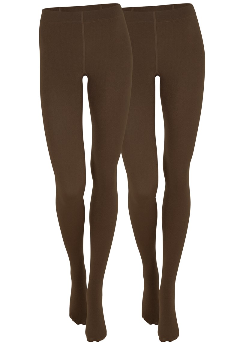 Due coppie di collant marroni con una texture liscia, caratterizzati da una vita alta e un design aderente, adatti per abbinamenti con vari outfit.