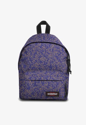 Purple backpack with a textured pattern of gold speckles, featuring a front zip pocket and a black carrying handle on top.