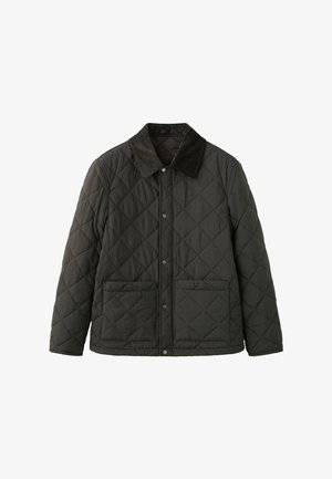 Quilted jacket in dark green with a corduroy collar, snap button closure, and two front pockets. The fabric is textured and durable.