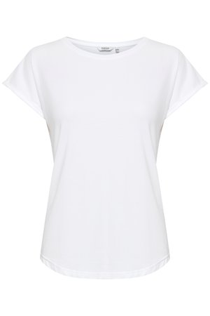 Lihtne valge lühikeste varrukatega ümara kaelusega t-särk, mõnusa lõike ja veidi kõverdatud alumise äärega, valgel taustal.