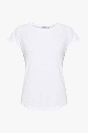 Lihtne valge lühikeste varrukatega ümara kaelusega t-särk, mõnusa lõike ja veidi kõverdatud alumise äärega, valgel taustal.