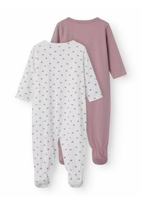Deux salopettes à manches longues : l'une blanche avec de petits cœurs roses, l'autre rose uni. Les deux présentent des encolures arrondies et des poignets élastiques.