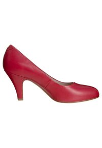 Escarpin en cuir rouge avec un bout rond, un design épuré et une légère brillance. Le talon mesure environ 7 cm de hauteur.